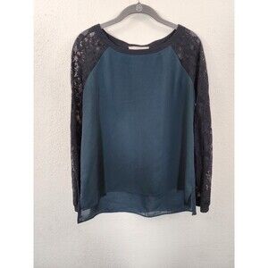LOFT Petites Womens MP Blouse Teal Black Lace Long Sleeve Semi Sheer Top